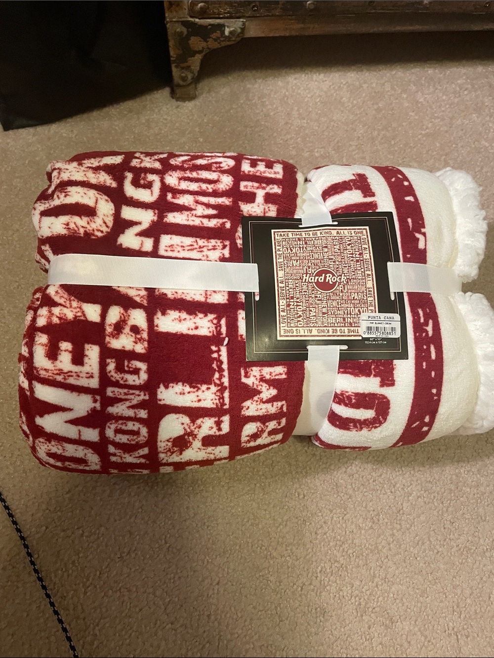 Hard Rock Cafe Red and White Holiday Throw with Typographic Pattern